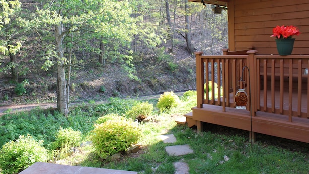 Une cabane en bois dotée d’un porche, entourée d’une zone boisée et accessible par un sentier de pierres menant à l’entrée.