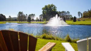 Ein friedlicher Blick auf einen See mit einem Springbrunnen, Stühlen und einer Rasenfläche.
