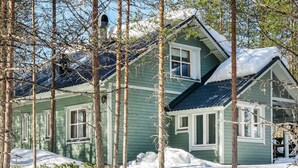 A green wooden house with a sloped roof covered in snow, surrounded by trees and a snowy landscape.
