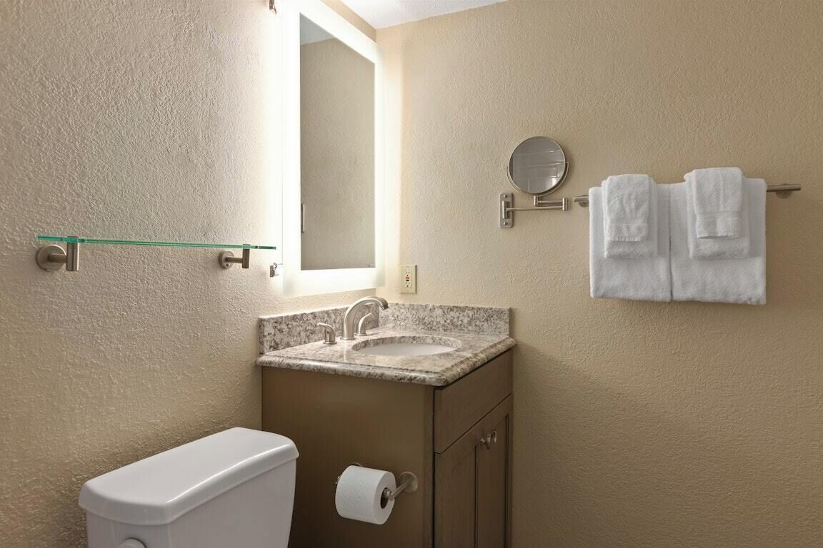 Een badkamer met toilet, wastafel, spiegel en handdoekhouder.