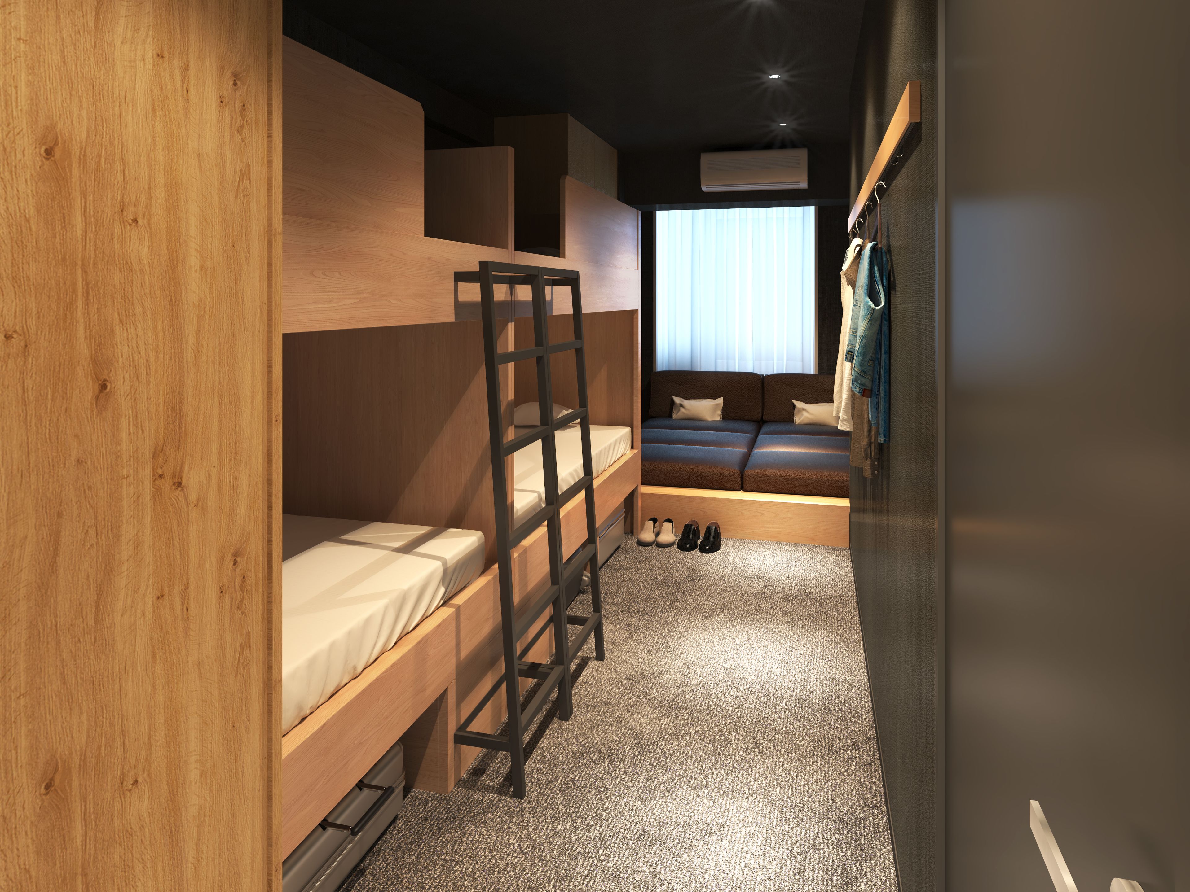 A compact room with bunk beds, a ladder, a small window with blinds, and a coat rack.