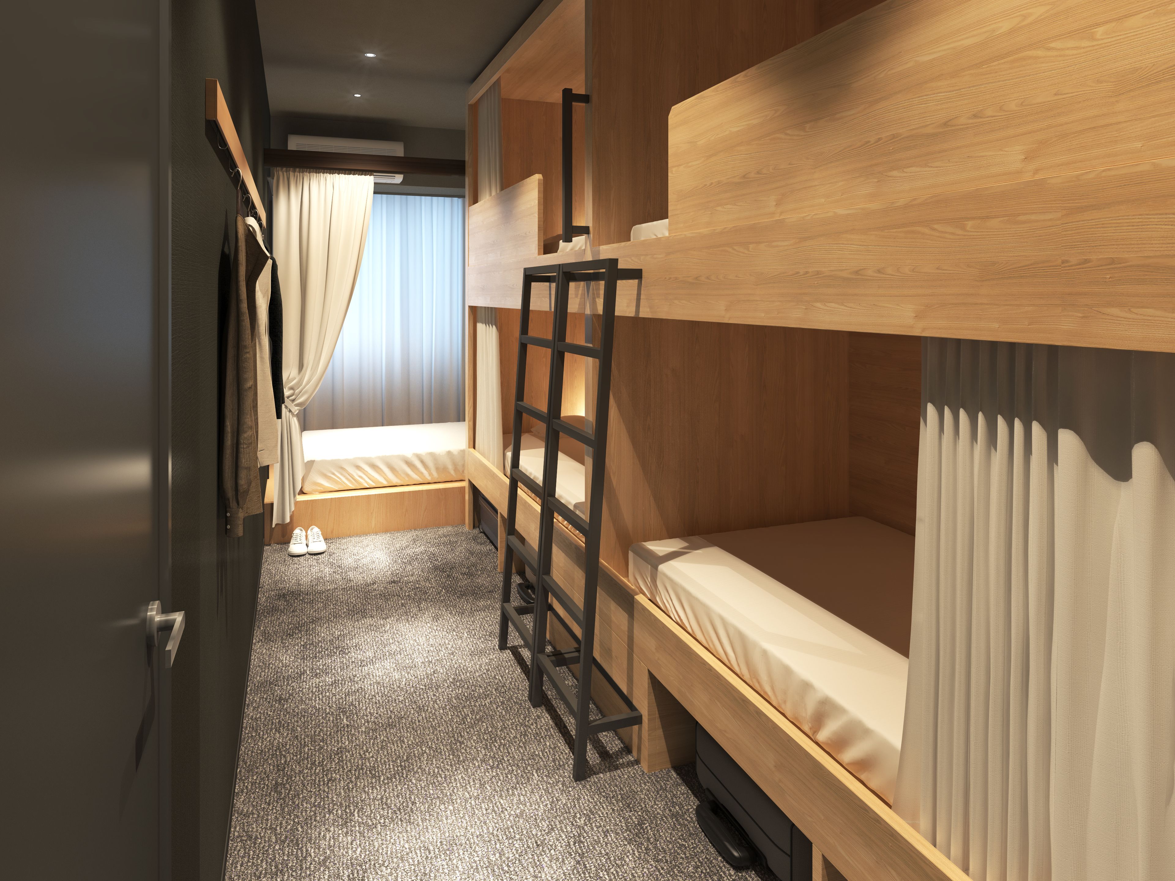 A bunk bed room with a ladder, a window with curtains, and a carpeted floor.
