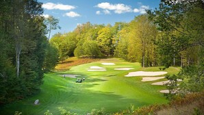 Un campo de golf con búnkeres de arena, un putting green y un marcador de bandera.