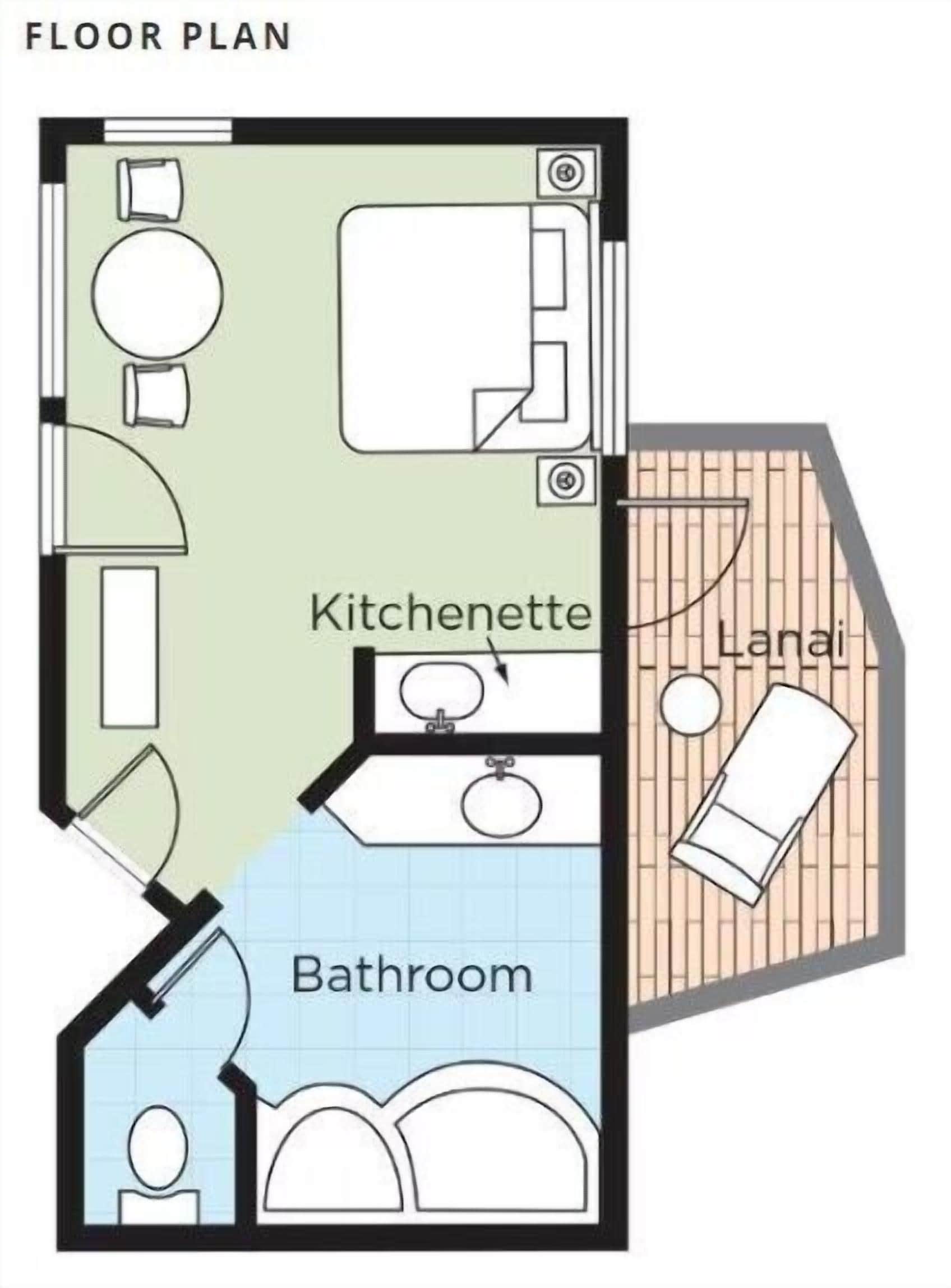 Plano de planta con kitchenette, baño y terraza cubierta.