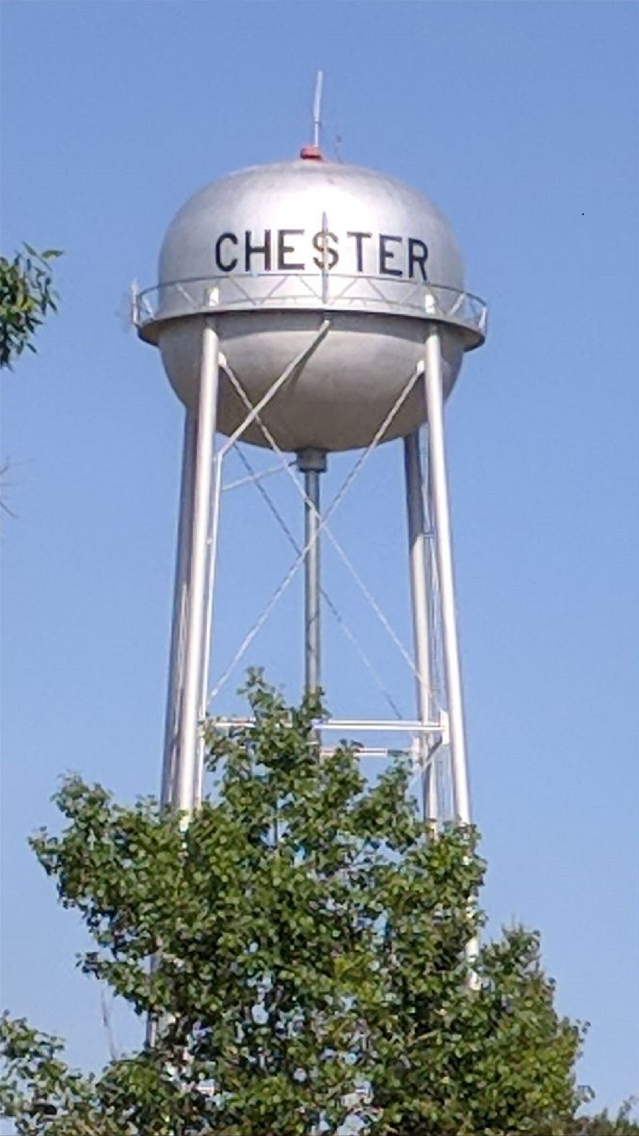A water tower with the word "CHESTER" on it.