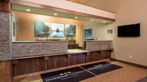A reception area with a stone and wood reception desk, a large mirror, and a flat-screen TV on the wall.