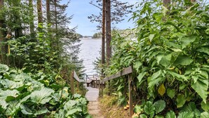 A wooden staircase leading to a dock over a calm lake, surrounded by lush greenery.