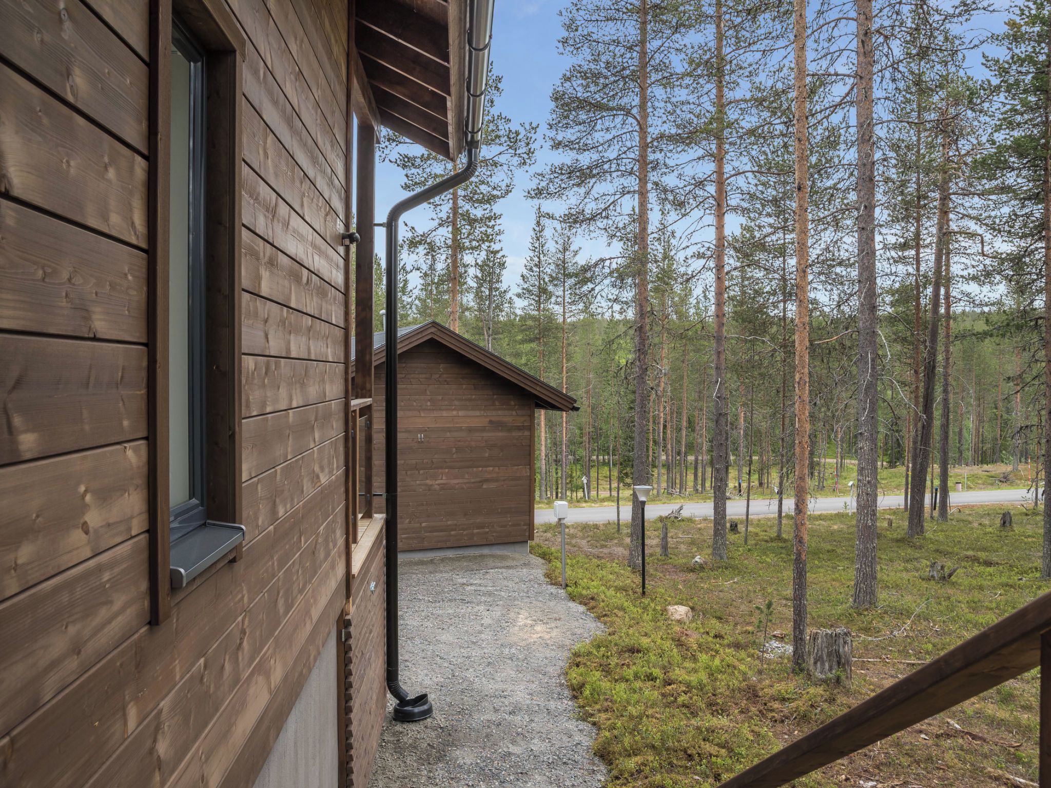 Een houten chalet met een raam en een deur, omgeven door een bos met hoge bomen.