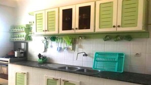 Une cuisine avec des meubles de couleur verte, un plan de travail noir et un égouttoir à vaisselle vert.