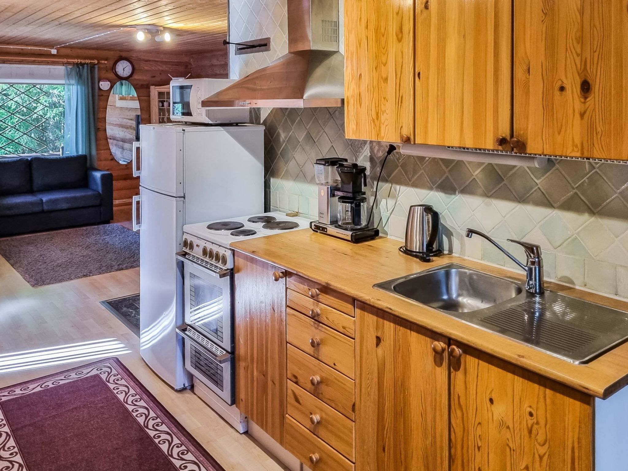 Fridge, microwave, high chair, cookware/dishes/utensils