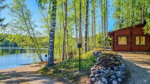 A cabin by a lake surrounded by birch trees.