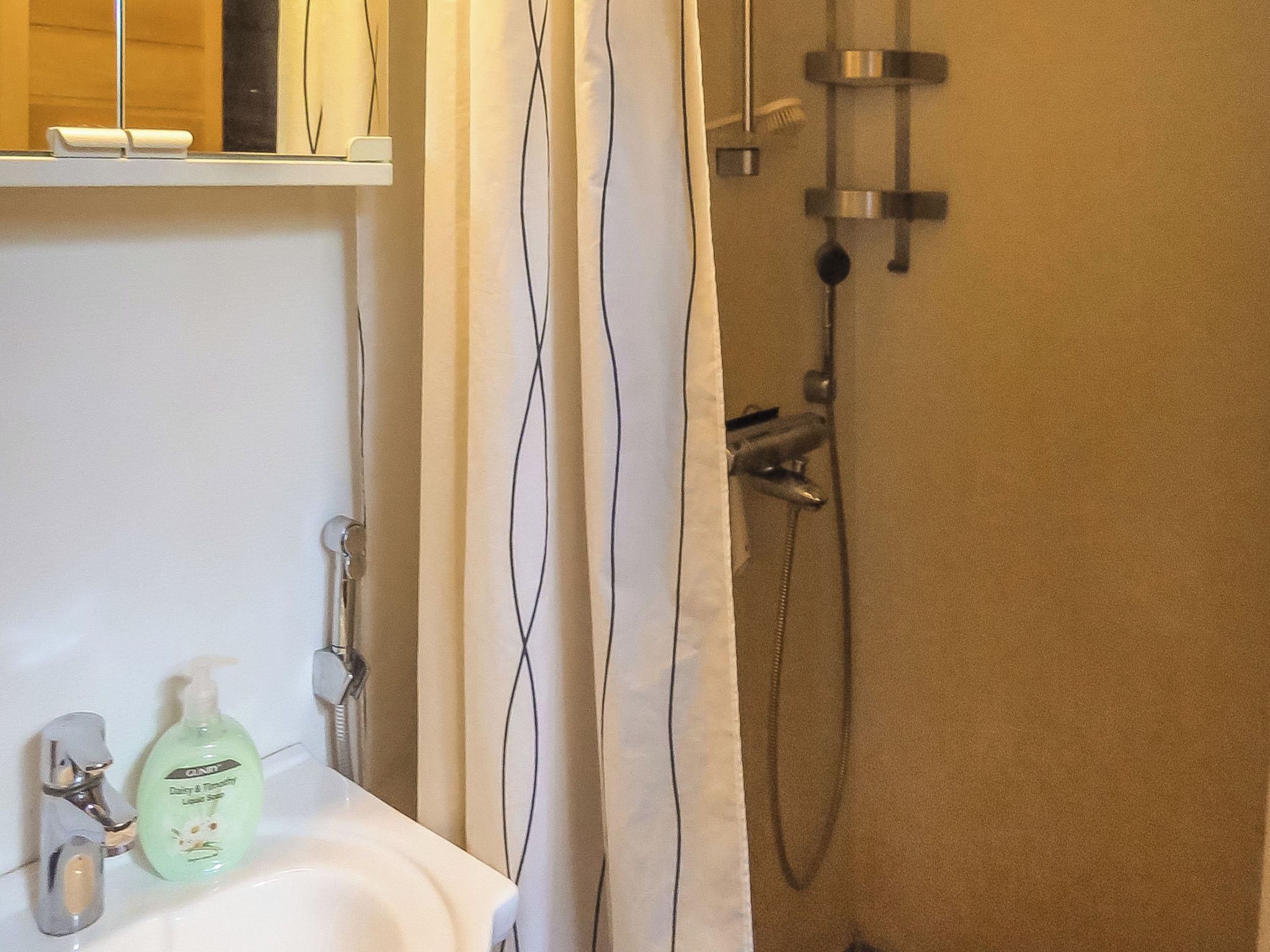 A bathroom with a shower, a sink, and a soap dispenser.