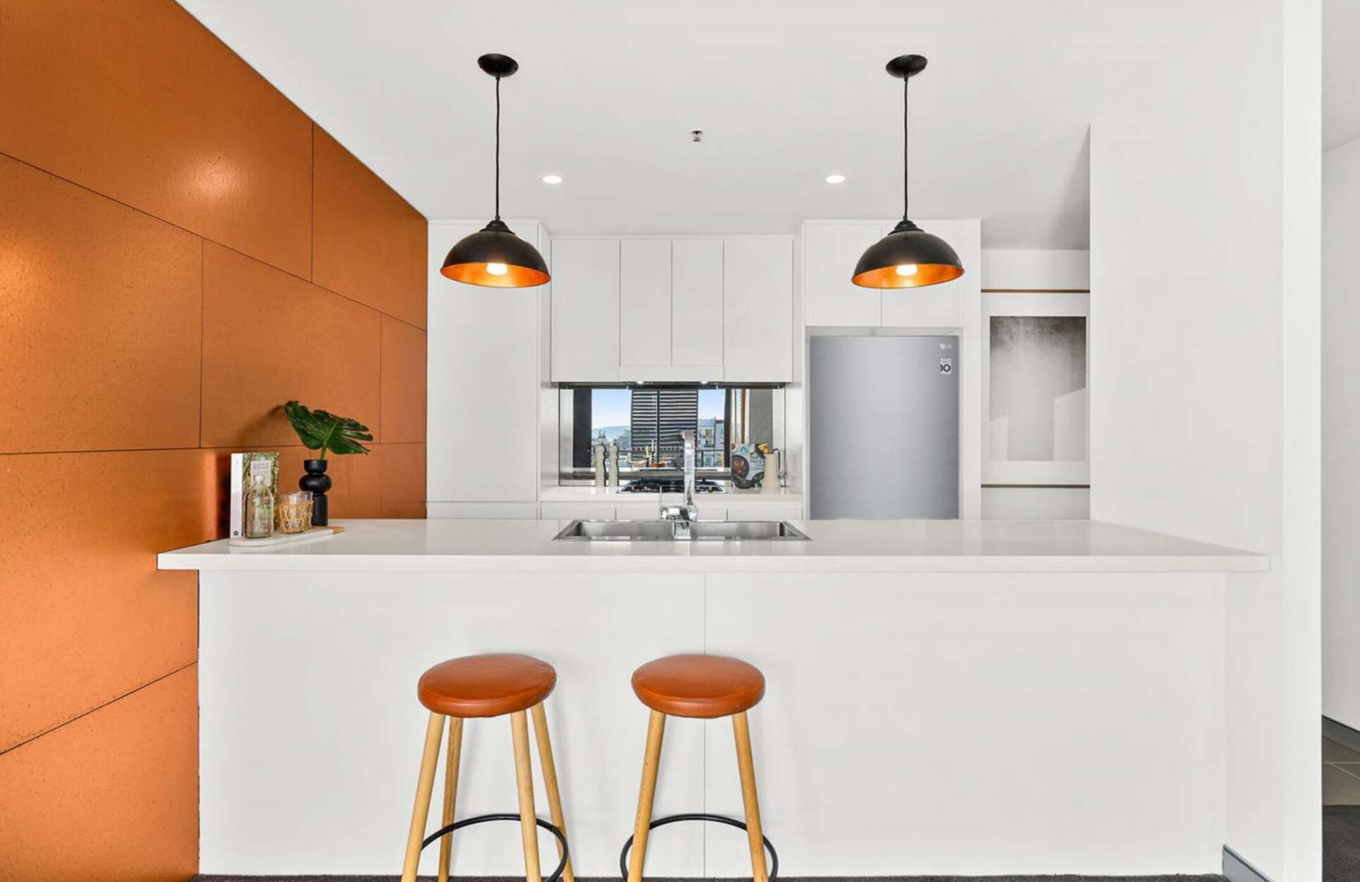 Fridge, microwave, oven, stovetop