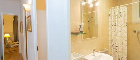 A modern bathroom with a glass shower enclosure, a white sink, and a toilet.