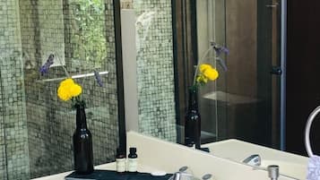 Hair dryer, towels, soap, shampoo