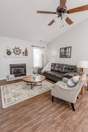 Smart TV, fireplace, books