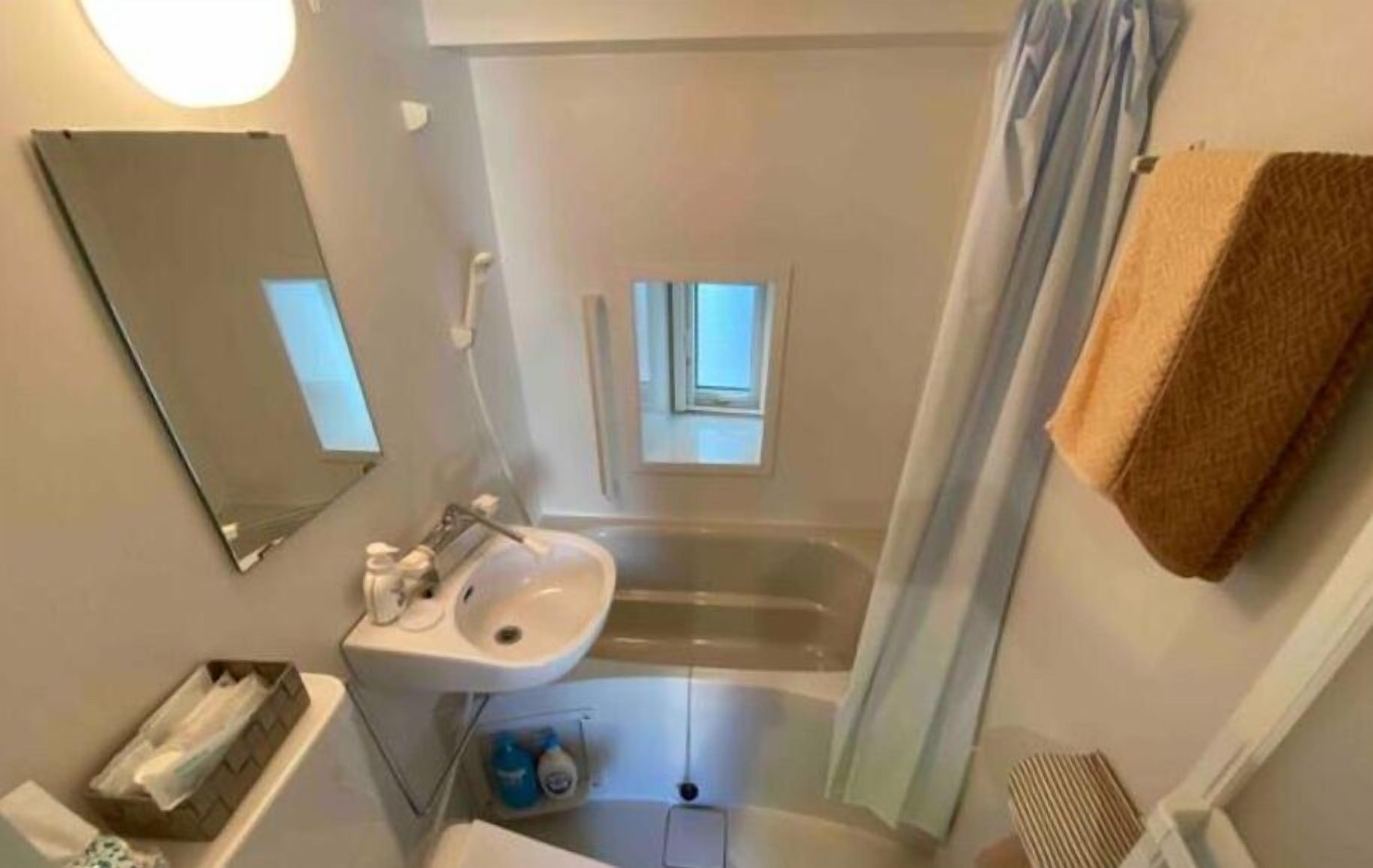 combined shower/bathtub, deep-soaking bathtub, free toiletries