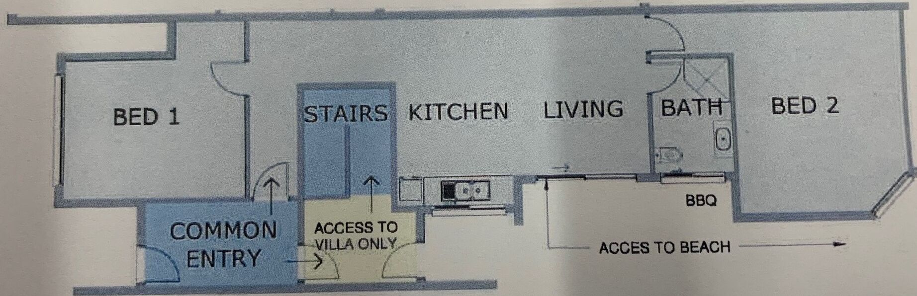 A floor plan with two bedrooms, a kitchen, living area, bathroom, BBQ, and access to a beach.