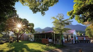 Paisatge rural amb una casa, un cotxe aparcat i un gos.