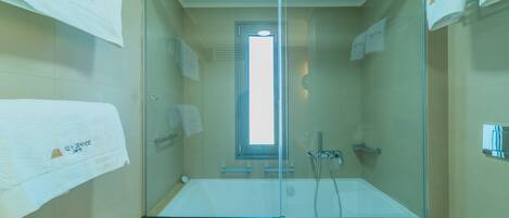 A modern bathroom with a glass-enclosed shower, a bathtub, and a toilet.