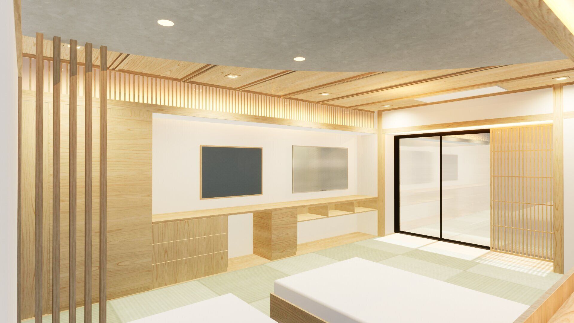 A modern interior with a wooden slat wall, a flat-screen TV, a sliding door, and a low bench.