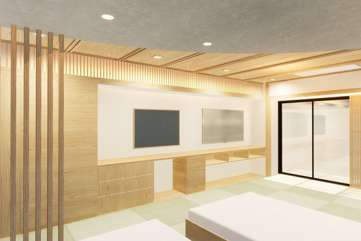 A modern interior with a wooden slat wall, a flat-screen TV, a sliding door, and a low bench.