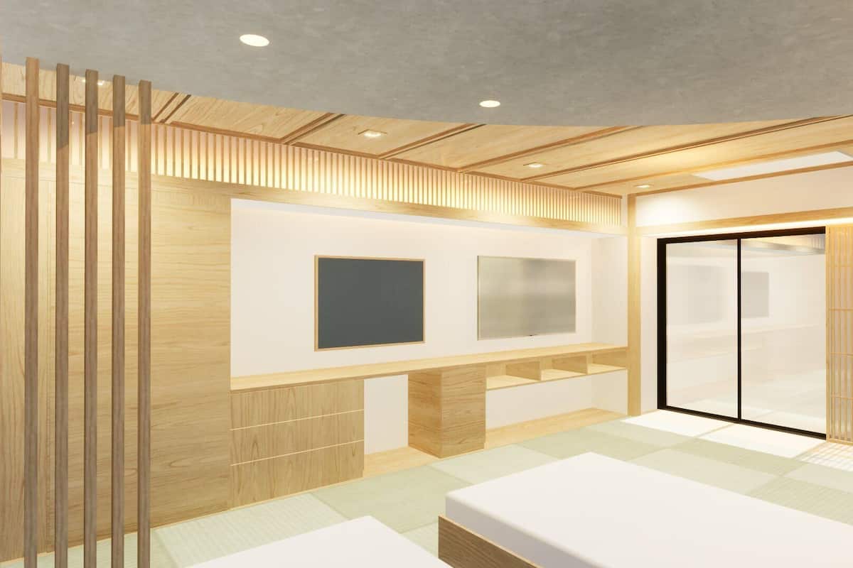 A modern interior with a wooden slat wall, a flat-screen TV, a sliding door, and a low bench.