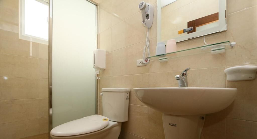 Un baño con inodoro, lavabo, secador de pelo y espejo.