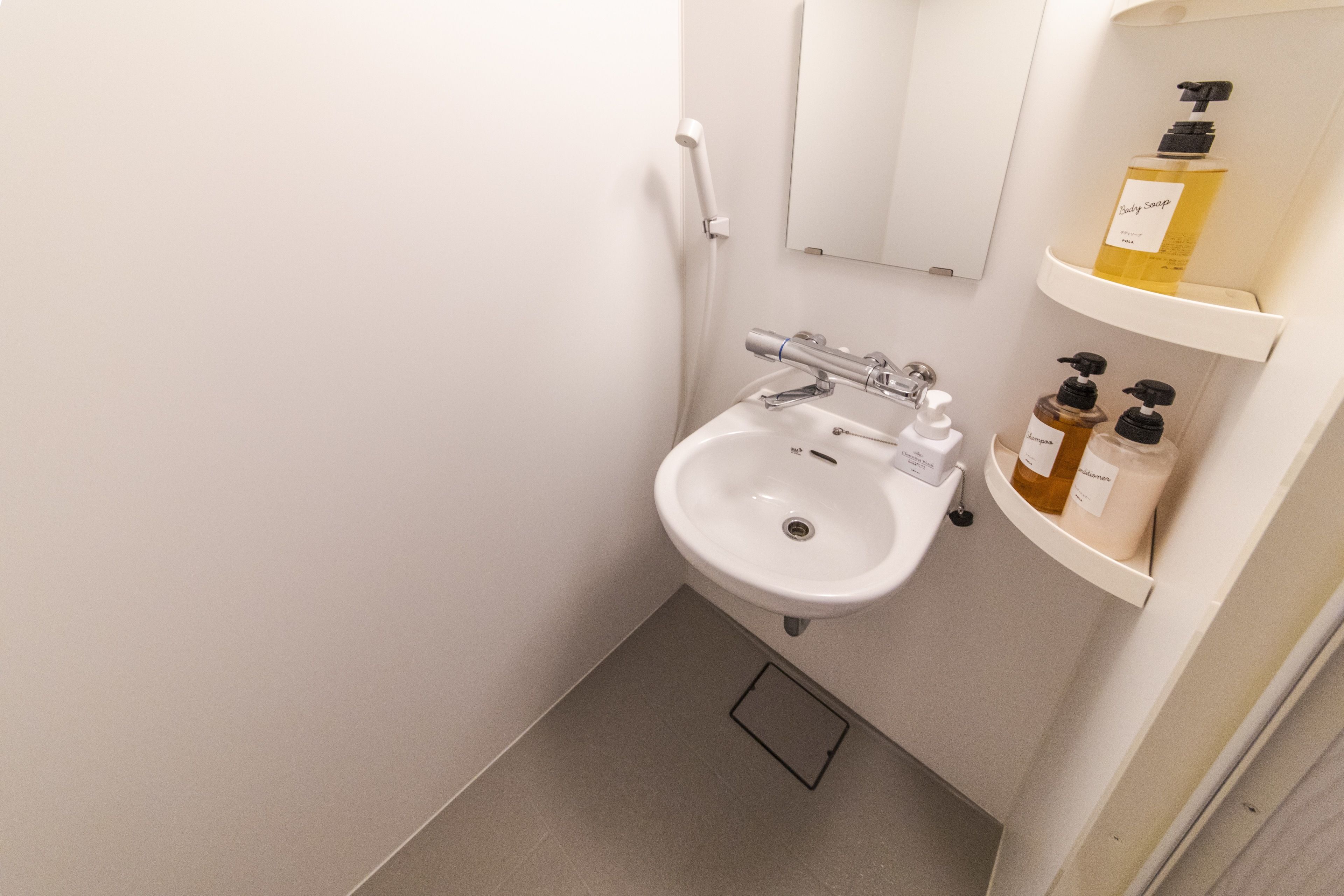 Een witte badkamer met een wastafel, een spiegel en planken met toiletartikelen.