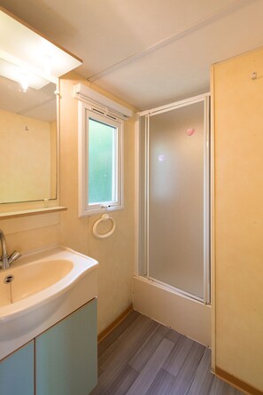 Shower, hair dryer, towels