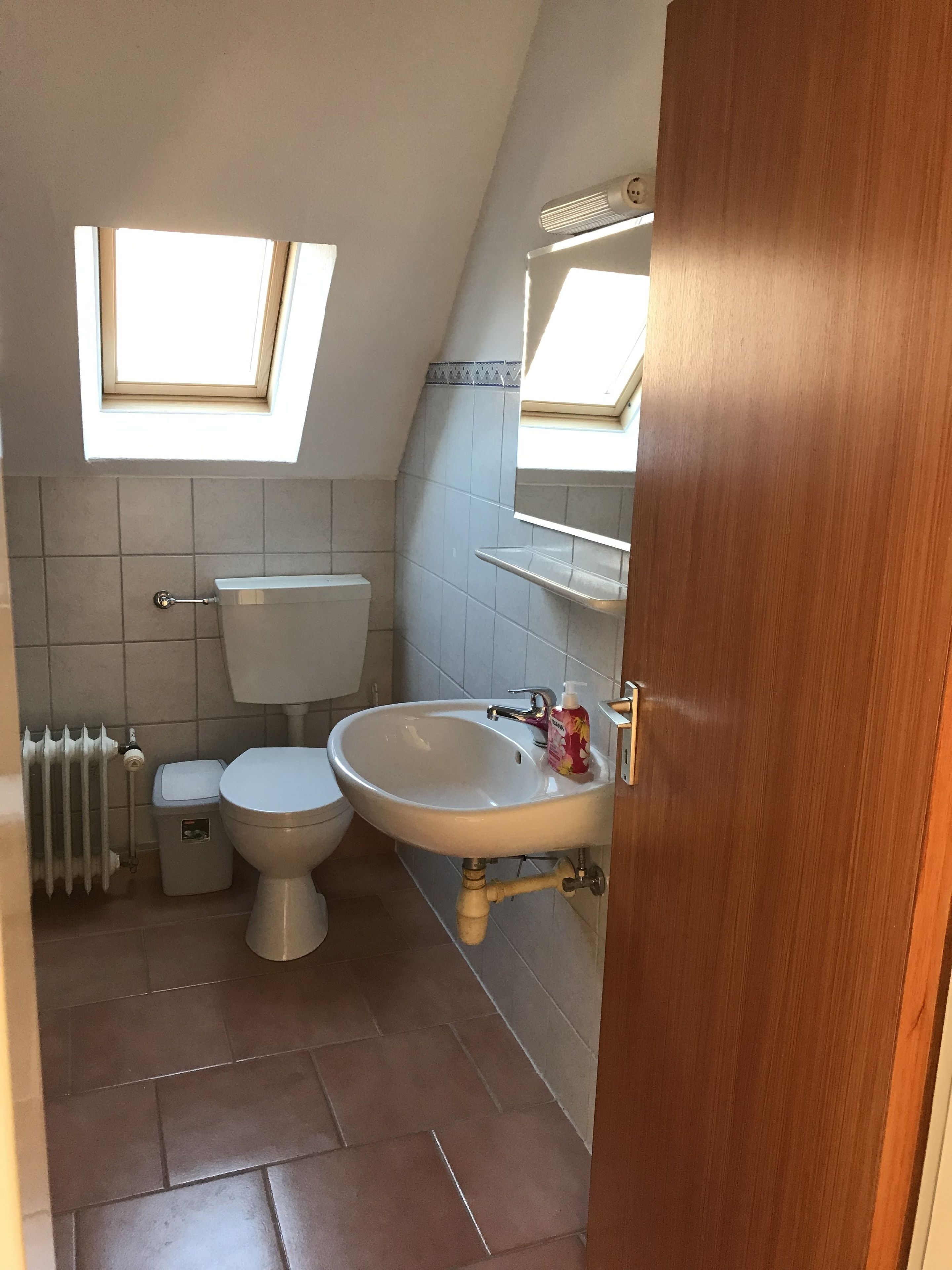 Pieni kylpyhuone, jossa on kattovalokuvio, wc-istuin, pesuallas ja patteri.