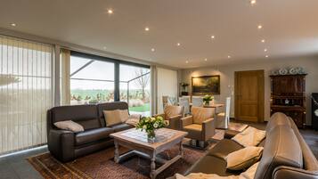 Smart-tv, een open haard, een dvd-speler en boeken