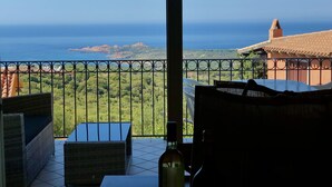 A balcony with a view of the sea and greenery.