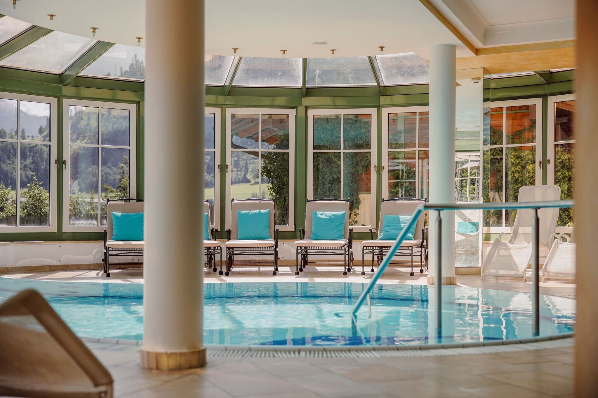 indoor pool, outdoor pool, open 7:00 am to 7:00 pm, pool loungers