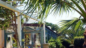 A covered patio area with a chair and a table, surrounded by lush greenery and a palm tree. - Sicilian farmhouse from the 19th Century - close to the beach and with a large pool (Siracusa)