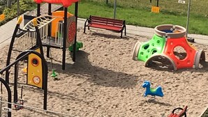 A playground with a red climbing structure, a green and red ride-on toy, and a blue horse-shaped toy.