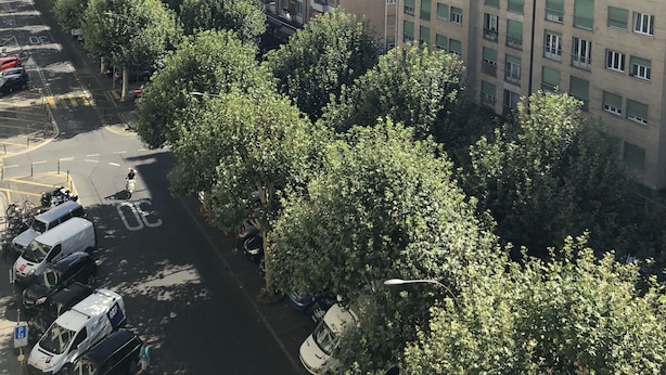 A multi-story parking garage with a row of parked cars and a row of trees in the foreground. - PRIMADOM Aparthotel (Geneva)