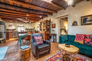 TV, fireplace, books