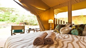 Un alojamiento en carpa con cama, almohadas y una mesa con sillas.