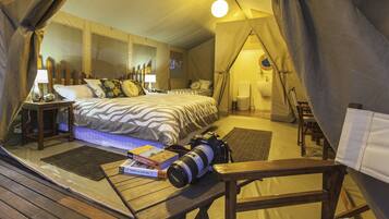 A tented room with a bed, a camera, and books.