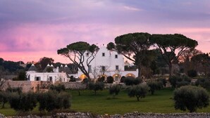 A white villa with a large garden and trees, surrounded by stone walls. - Masseria Grofoleo (Locorotondo)
