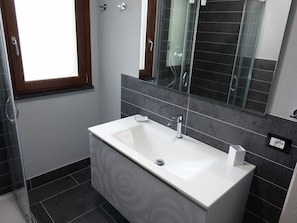 Shower, hair dryer, bidet, towels