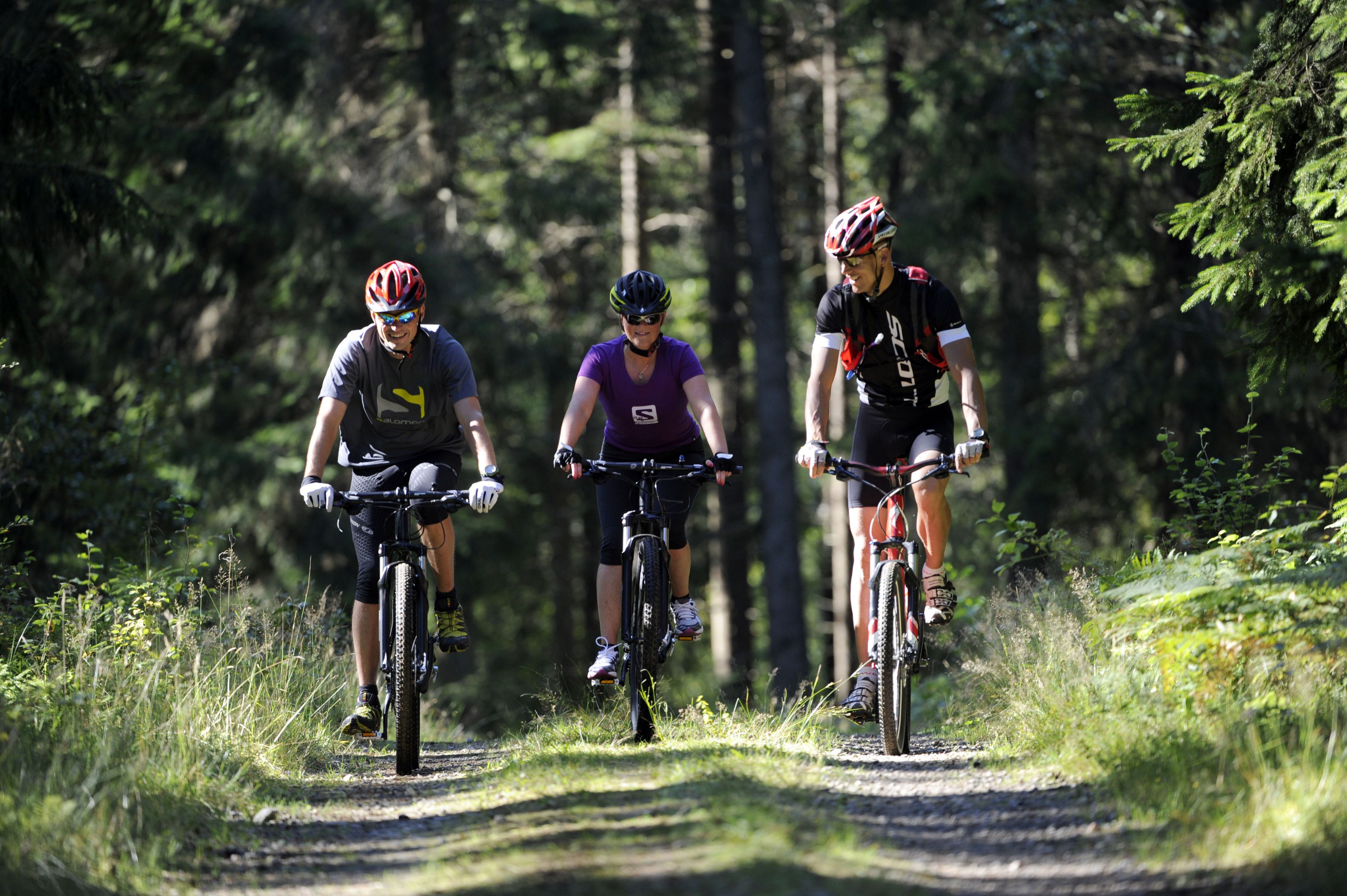 Trois cyclistes sur un sentier forestier.