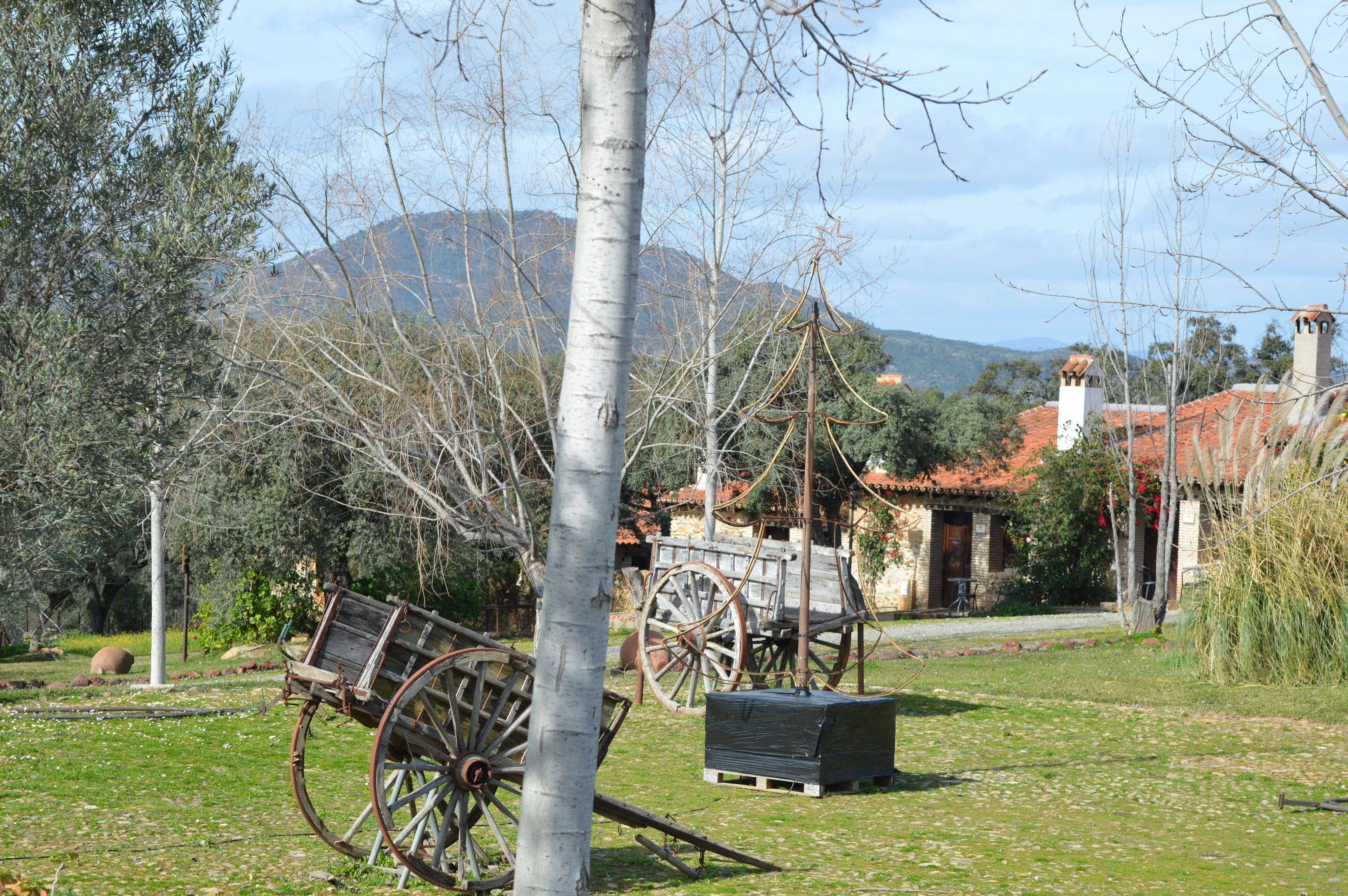 A rustic outdoor setting with a wooden cart, a stone building with a red-tiled roof, and a backdrop of trees and mountains.