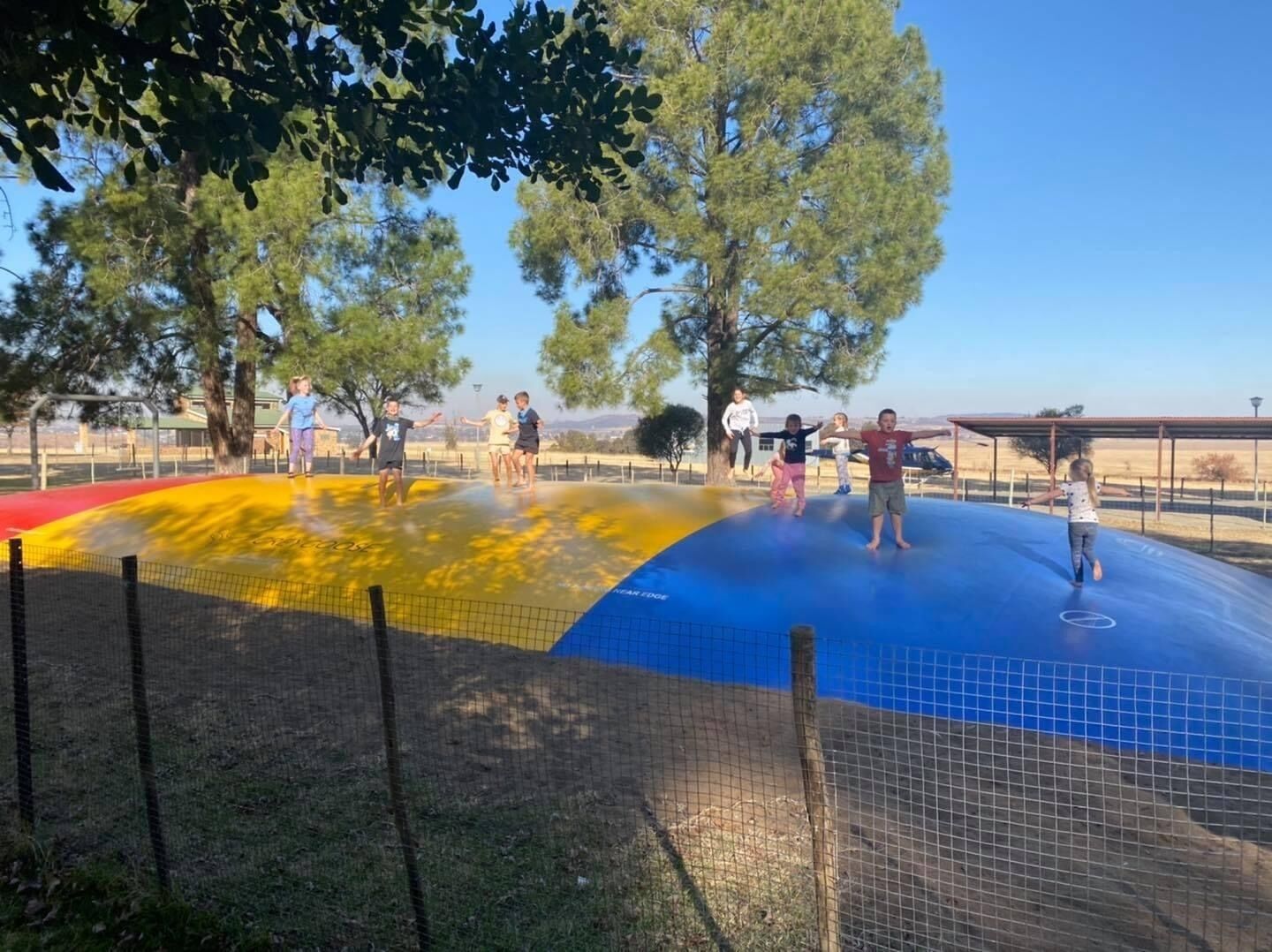 An outdoor trampoline area surrounded by trees.