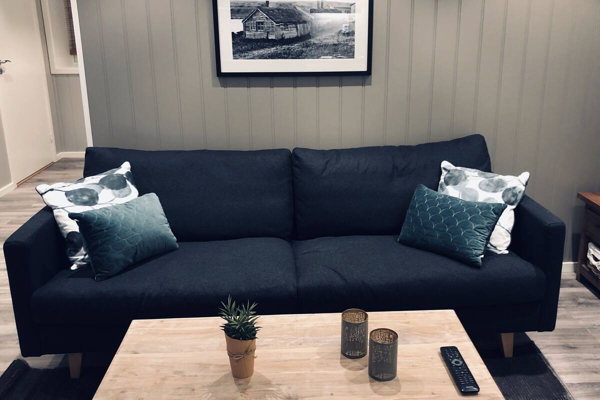 Een donkerblauwe bank met gekleurde kussens, een kleine plant en twee kandelaars op een houten salontafel. Daarboven hangt een lijst met een foto aan de muur.