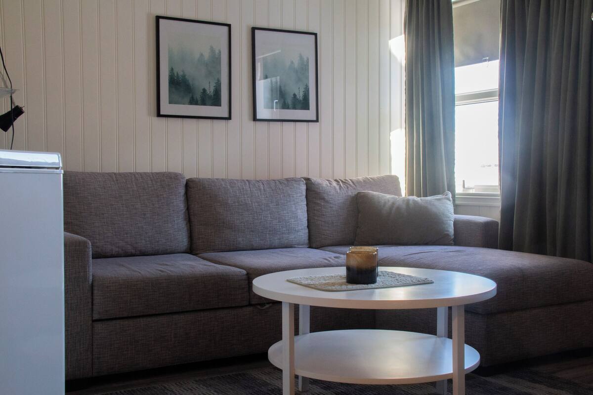 Een woonkamer met een grijze bank, een kleine ronde tafel en twee ingelijste foto’s aan de muur.