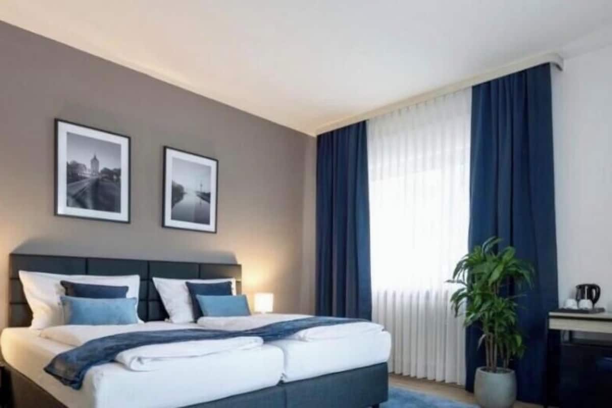 Una habitación de hotel con una cama, un escritorio, una silla, un televisor y una planta en maceta.