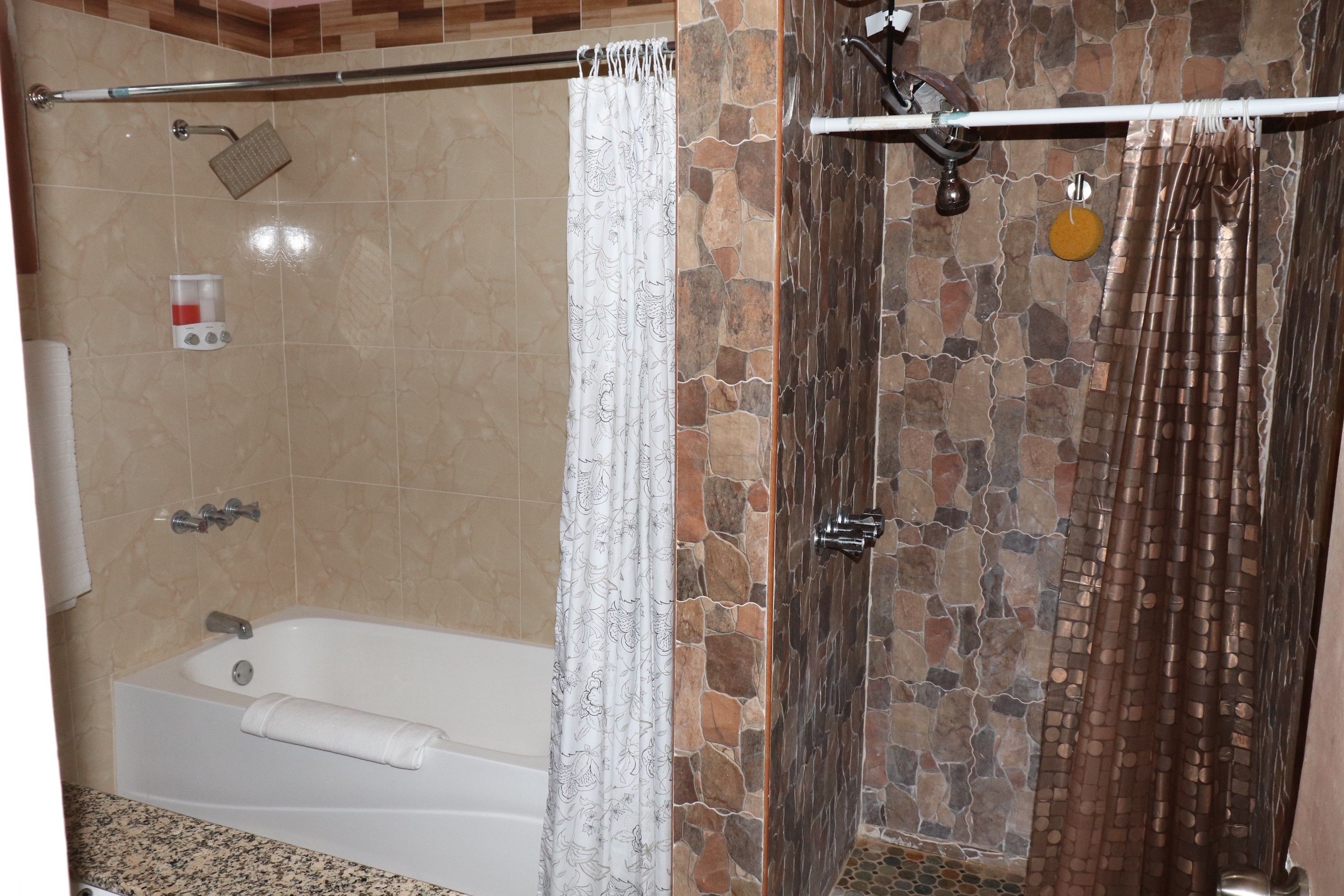 Separate tub and shower, deep soaking tub, rainfall showerhead