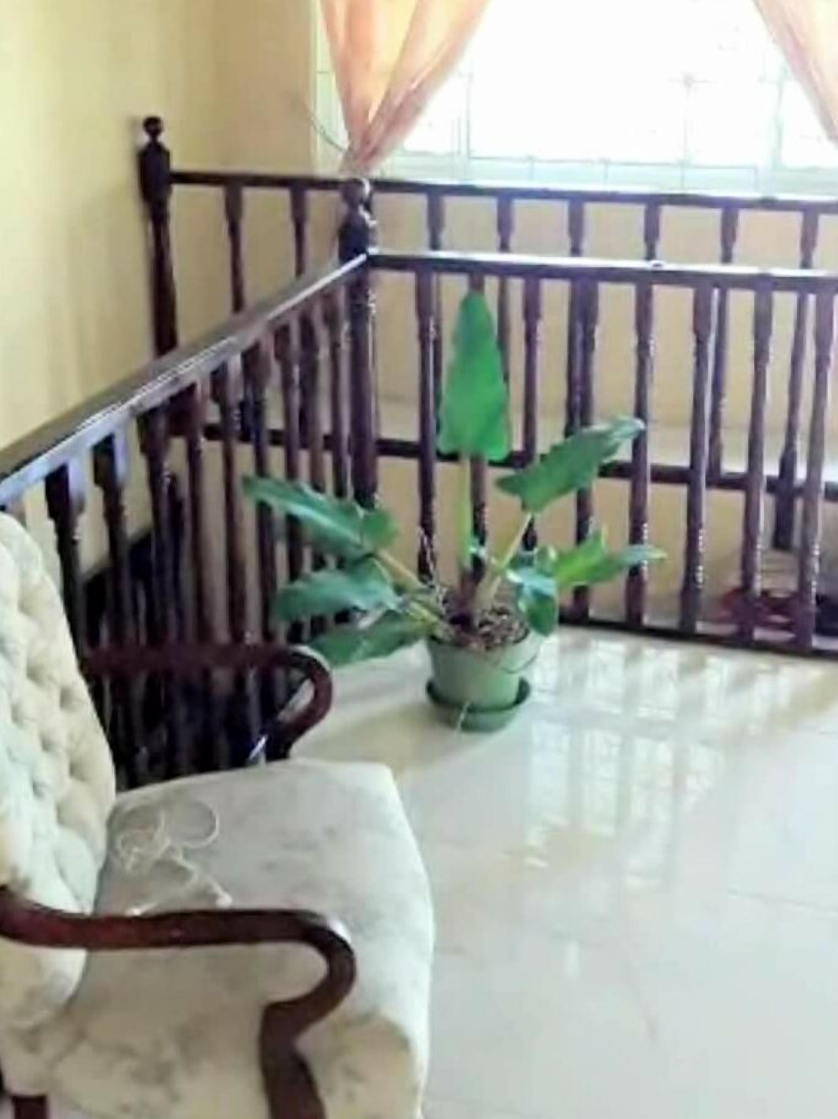 Une chaise en marbre avec un coussin, une plante en pot et une rambarde en bois, dans une pièce dont le sol est recouvert de carreaux.